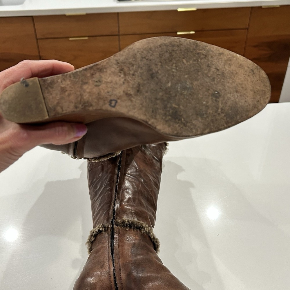 Henri Cuir Long Boots Rare Brown Leather Side Zip Fur Trim Wedge Heel Size 7 38 - Picture 13 of 13